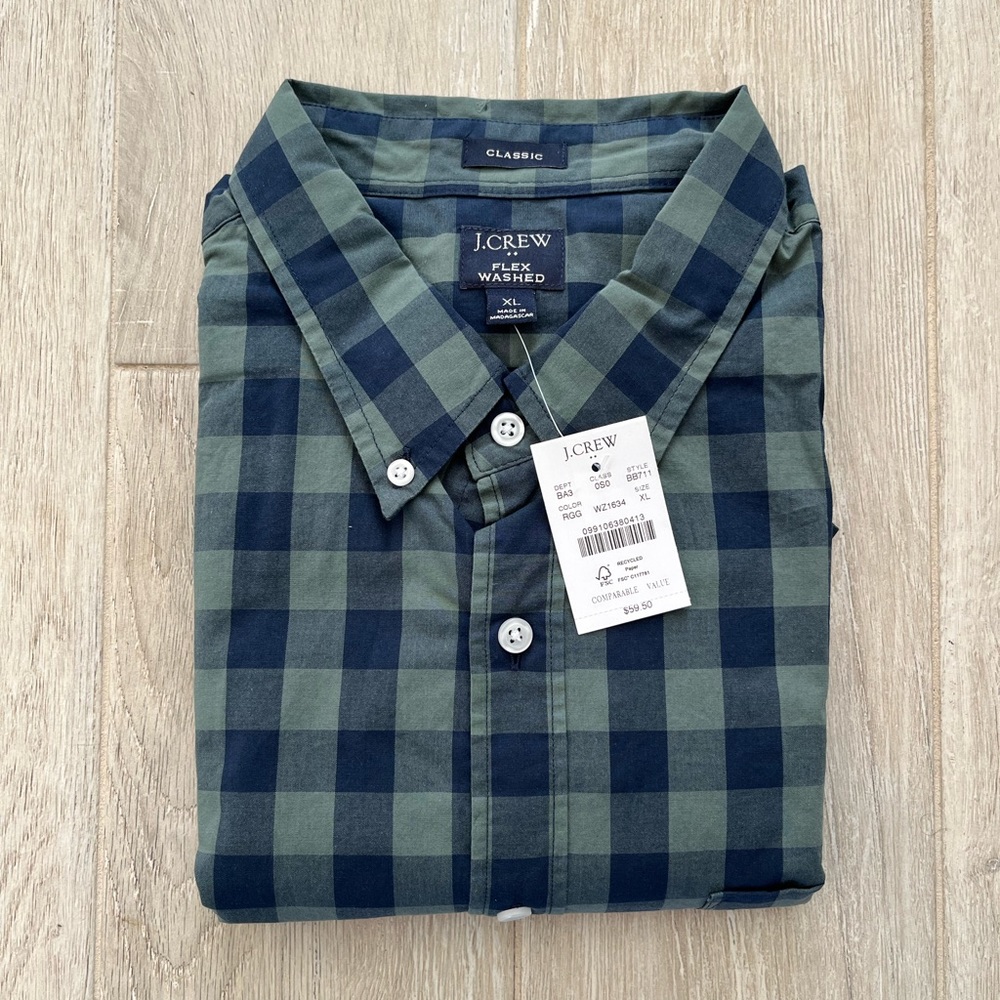 J Crew Flex Washed Classic Fit Green & Blue Button-Down Shirt